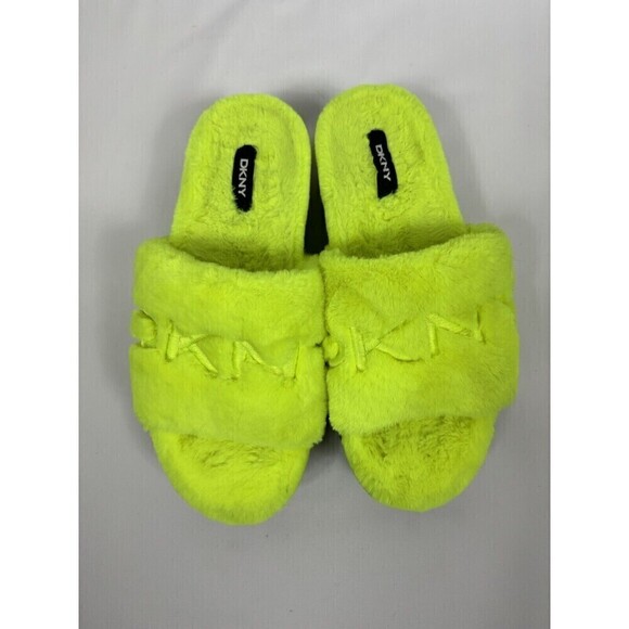 DKNY Faux Fur Platform Slides Citron Flourscent Yellow 8.5 Flatforms - Picture 1 of 9